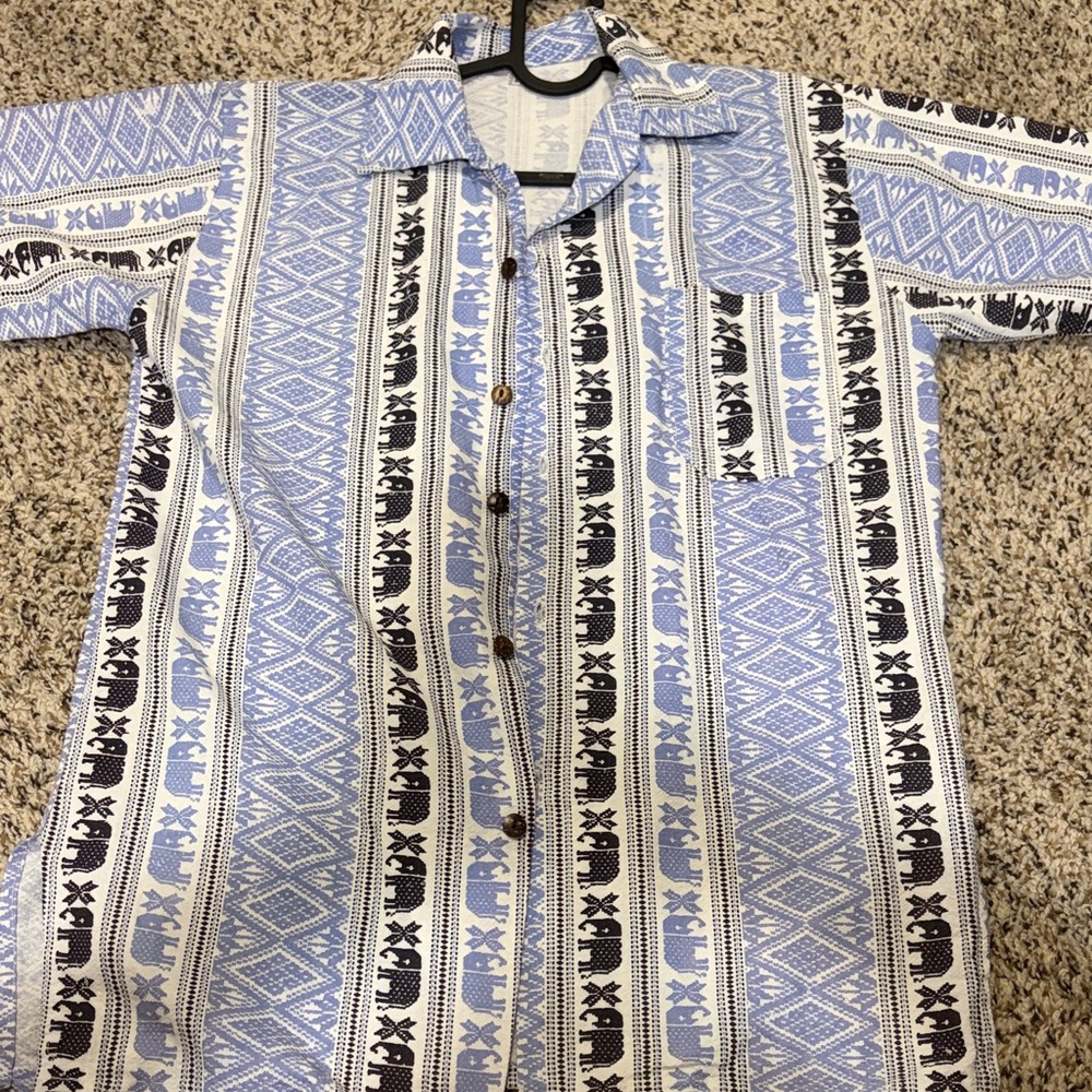Casual Blue & White Patterned Button-Down Shirt